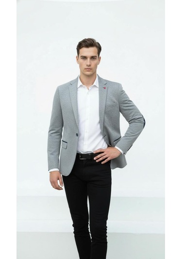 Plus Scorpion Gri Erkek İtalyan Kesim Blazer Ceket Lacivert Detaylı, Kol Yamali, Slim Fit Şık Tasarım Lacivert