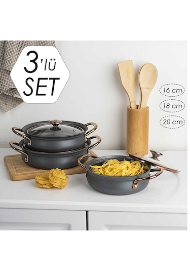 Oms 3724 Bakraç Güveç 3'Lü Sahan Seti Antrasit 16 - 18 - 20 Cm