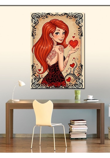 Kanvas Tablo Kırmızı Saçlı Kadın Kalp 70cmx100cm