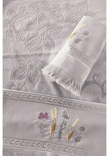 2'li Nakışlı Jakarlı Kadife El Yüz Havlusu - %100 Pamuk - Gri Grı Gri