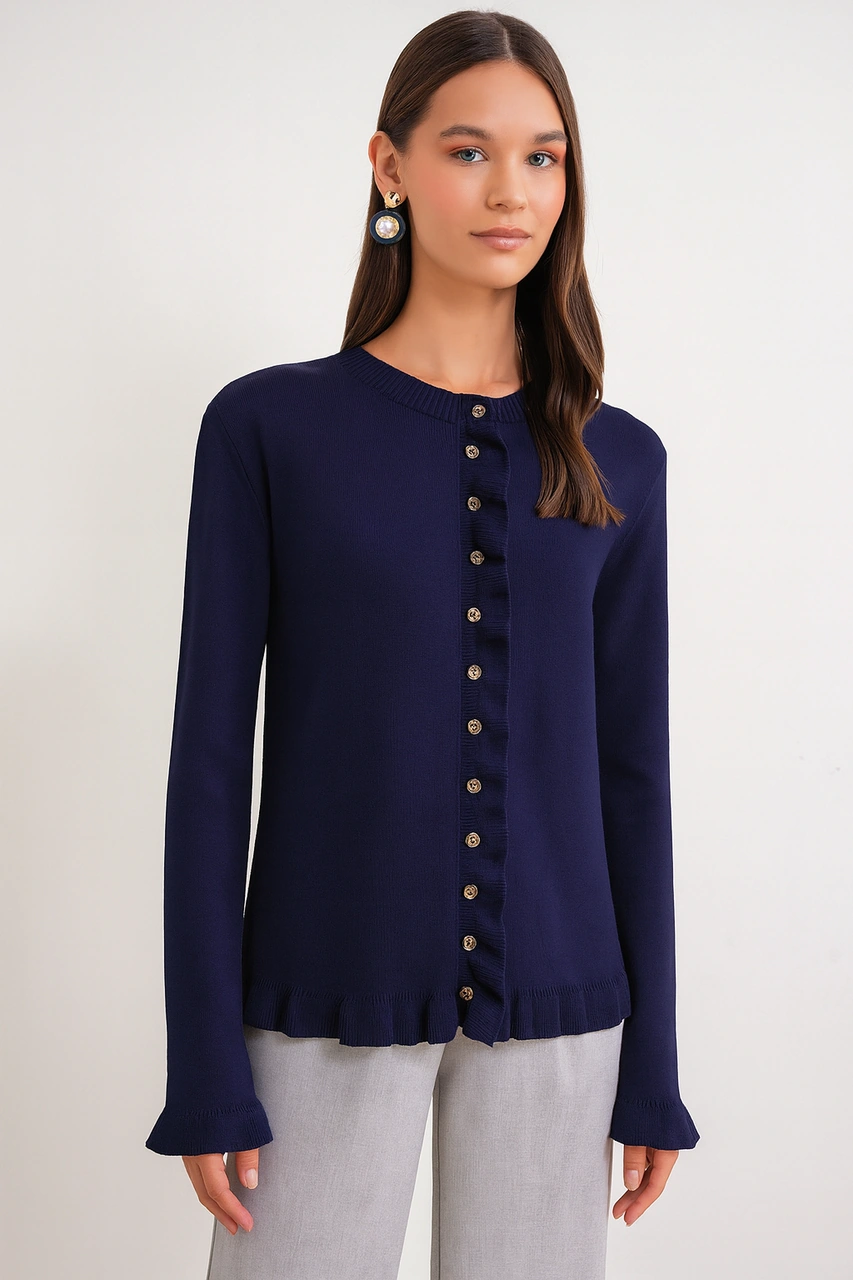 6964 Kadın Düz Fırfırlı Düğmeli Hırka Lacivert Lacivert