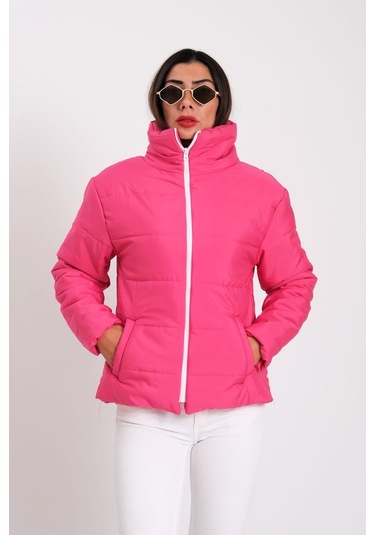 Kadın Fuşya Dik Yaka Su Geçirmez Tasarım Şişme Mont-fuşya Fuşya