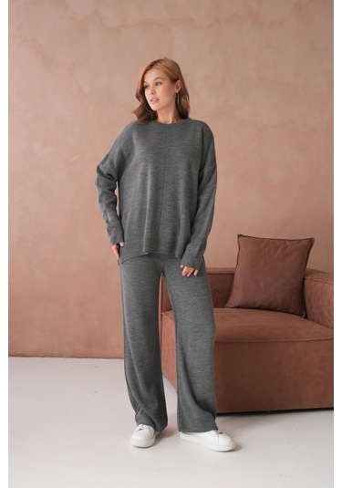 Kadın Bisiklet Yaka Yırtmaçlı Kazak Pantolon İkili Triko Takım Antrasit