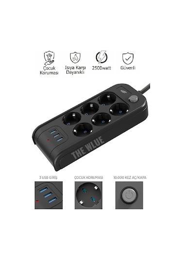 Çoklu 6'lı Priz Akım Korumalı 3xusb 3.4a 2500 Watt 2 Metre Uzatma Diğer