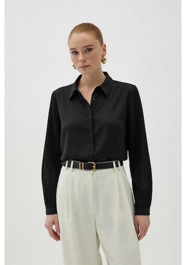 Sateen Plise Kollu Gömlek - Siyah-137085 Siyah