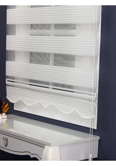 Geniş Pliseli Etek Dilimli Ekru Beyaz Zebra Stor Güneşlik Perde Beyaz