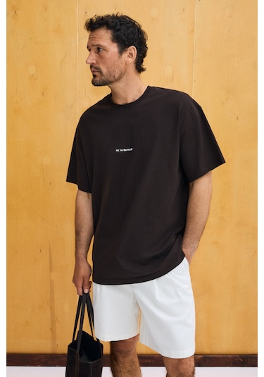 Grimelange Rıver Erkek Oversize Fit Bol Kesim Nakış İşlemeli Basic Örme Kahverengi T-shirt