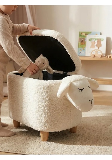 Kuzu Figürlü Sandıklı Puf Modelleri Teddy Puf Krem