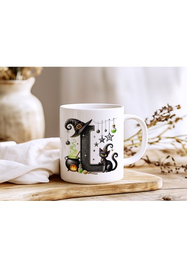 L Harfli Halloween Kedili Figür Kupa Bardak - Şapkalı Ve Kazanlı İsme Özel Kupa - Hediye 07 Beyaz