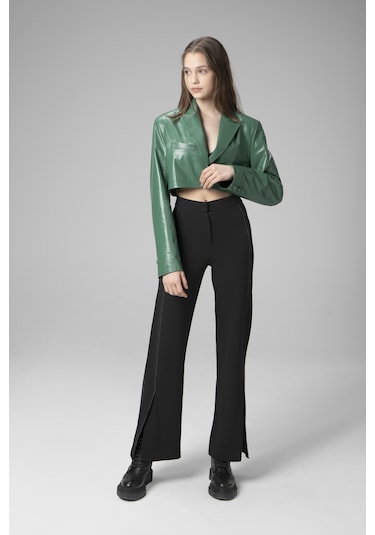 Yeşil Overlay Dericlub Wm034 Gerçek Deri Crop Blazer Kadın Ceket