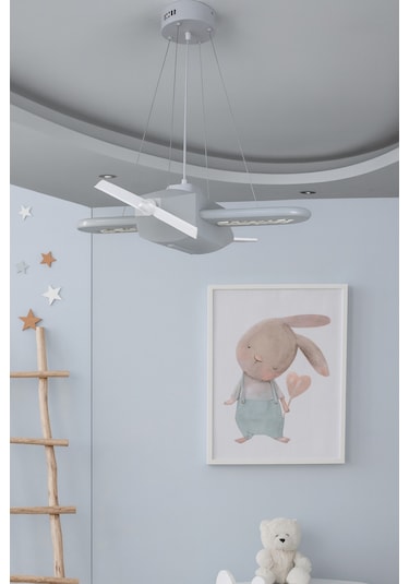 Uçak Temalı Entegre Led Çocuk Odası Sarkıt Avize 70x80cm Kişiye Özel Tasarım, El Yapımı Görünüm Gri Gri