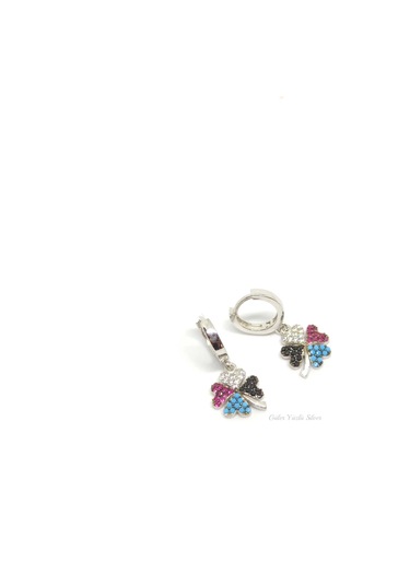 Renkli Yonca Gümüş Halka Küpe - Rodyum Beyaz Beyaz