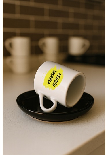 Kendin Tasarla Bardak - Kişiye Özel Bardak Satıya Sor 2 Türk Kahvesi Fincanı Siyah Altlıklı