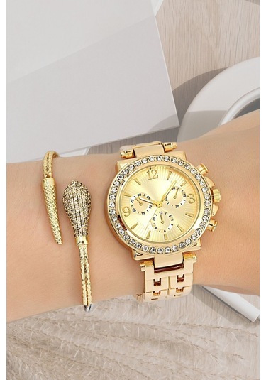 Dekoratif Kadran Taşlı Tasarım Metal Kordon Gold Kadın Kol Saati