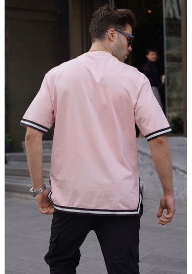 Madmext Toz Pembe Bisiklet Yaka Şeritli Tişört 6097-toz Pembe Toz Pembe