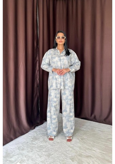 The İstanbul Mavi Leopar Desenli Ceket Ve Pantolon Keten Takım Mavi