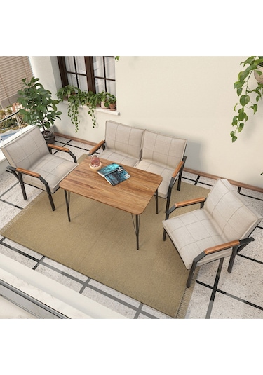 Mygusi Hayal Balkon, Bahçe, Cafe, Teras - Metal Kanepe Koltuk Takımı - 2+1+1 Masali Krem