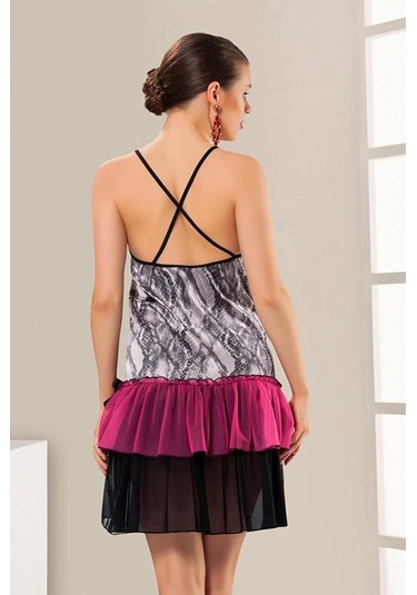 Sistina Bayan Desenli Fırfırlı Gecelik 616 Siyah