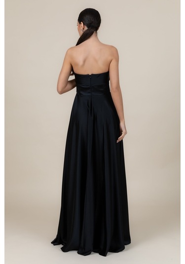 Doridorca Kadın Straplez Saten Kumaş Uzun Abiye Elbise 6135 Siyah Siyah