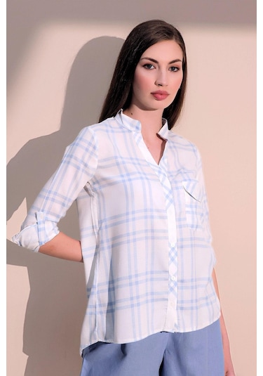 Kadın Mavi Uzun Kol Yeni Moda Ekose Desenli Tek Cep Hakim Yaka Gömlek Mavi