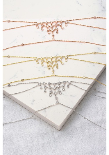 Queen Silver Jewelry 925 Ayar Gümüş, Zirkon Taşlı Vücut Zinciri Altın