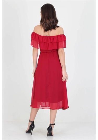 Neşeli Butik Kadın Yeni Sezon Madonna Yaka Bağlama Detaylı Şifon Elbise Ry8060 Bordo