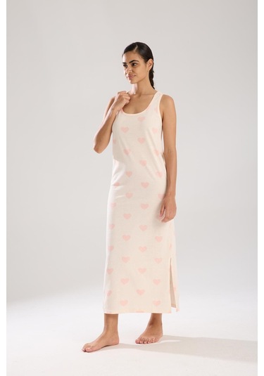 Akbeniz Kadın Kalın Askılı Yırtmaçlı Uzun Pudra Gecelik Pudra