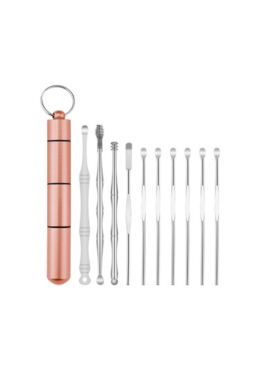 Gajeena Paslanmaz Çelik Kulak Temizleme Seti - 10 Parça Çift Uçlu Kulak Kaşığı Ve Masaj Aparatı, Gül Altını Renk Seçeneği