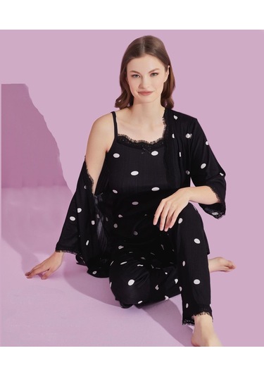 Lukitus Sabahlıklı İp Askılı Puantiyeli Kadın Pijama Takımı Çok Renkli