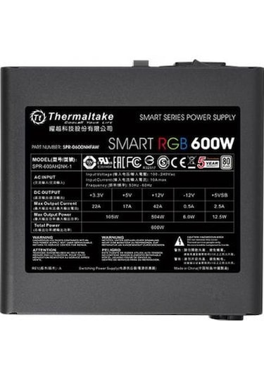 Thermaltake Smart RGB PS-SPR-0600NHSAWE-1 600W 80+ 12 CM Fanlı Güç Kaynağı