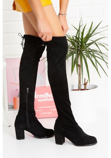 Günlük Siyah Streç Çorap Süet Kalın Topuk Diz Üstü Kadın Çizme Fermuarlı Bağcıklı Dizüstü Bot 173 Siyah