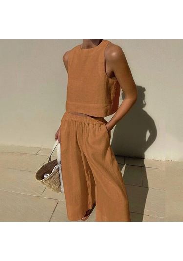 Rahat Yaz Iki Parçalı Set Kolsuz Kıyafetler O Boyun Üstleri Ve Gevşek Geniş Bacak Pantolon Seti Kadın Katı 2 Parça Takım Elbise Giysileri 27723 Yeşil