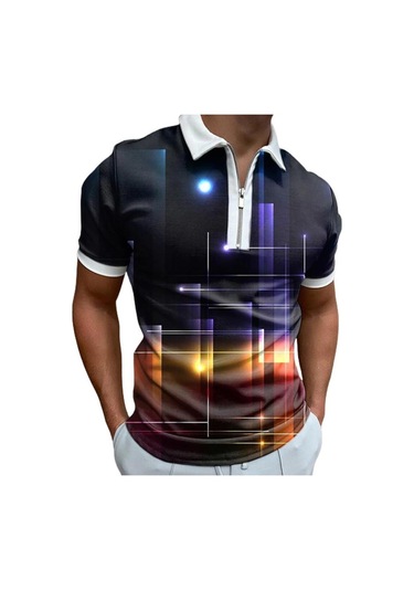 Turuncu Rahat Yaka T-shirt Genç Erkek Moda Fermuar Kısa Kollu Tişört Erkek 3d Yeşil Işınları Baskı T Gömlek Turuncu