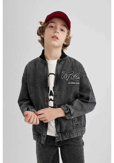 DeFacto Erkek Çocuk Kolej Yaka Fermuarlı Çift Cepli Mevsimlik Hafif Jean Bomber Ceket B5500A824SPNM36