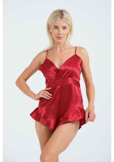Laperissa Kadın Kırmızı Saten Tulum Fırfır Ve Lastik Detaylı, Askılı, Şık Ev Giyim Ve Gece Stili Kırmızı