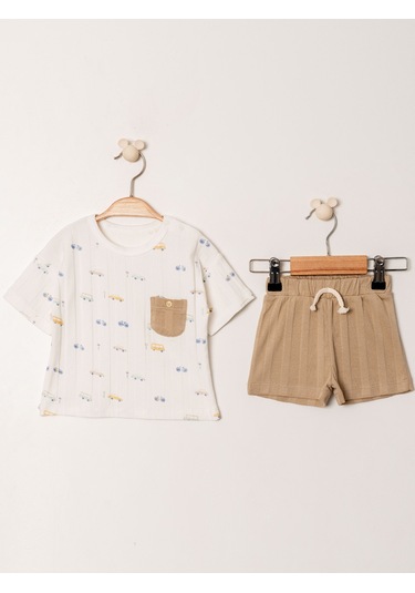 Jakarlı Örme Tişört Şort Takım Kahverengi