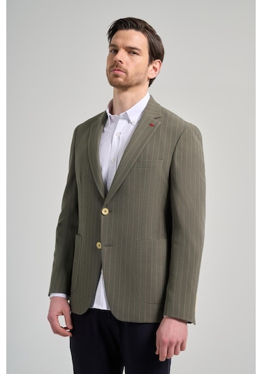 Çizgili Desen Gofreli Mono Yaka Malzemesiz Esnek 6 Drop Slim Fit Ceket 1002250122 Koyu Haki