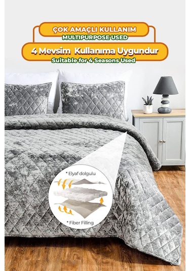 Evlen Home Kapitone Kadife Yatak Örtüsü Seti Çift Kişilik Supersoft 3 Parça Yumuşak Elyaf Dolgulu Gri Gri