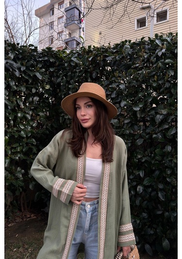 Kadın Hakı Müslin Kumaş, Hasır Şerit Detaylı Salaş Kimono Ceket Haki