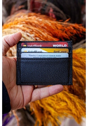 Unisex Mini Ve İnce Deri Dizme Kartlık Portföy Floter Siyah