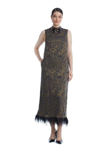 Desenli Kadın Elbise Ceket Takım - Yakası Taş İşlemeli - Modern Ve Şık Tasarım - Davet Ve Özel Gün İçin Elbise CAMEL