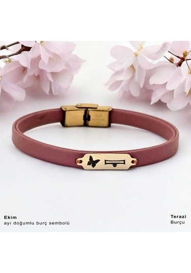 Archin Ekim Ayı Doğumlarına Kelebek Motifli 14 Ayar Altın Plakalı Koyu Pembe Derili Hediye Bileklik-654ay Ekim