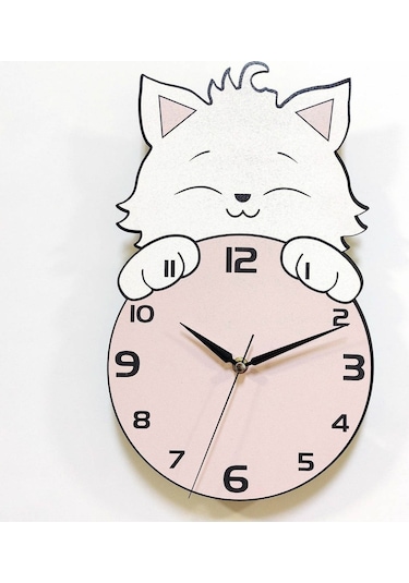CajuArt Saat Arkasından Bakan Sevimli Kedi Çocuk Odası Duvar Saati Pembe