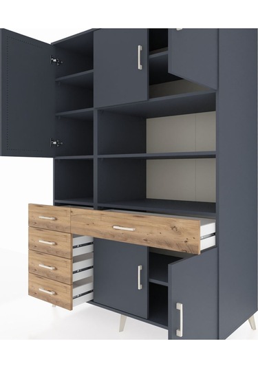 Kronos Dolap 9 Raflı 5 Çekmeceli 5 Kapaklı 132x59x195 Antrasit-antrasit/çam Antrasıt/atlas Çam