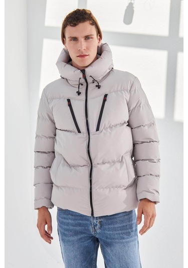 Delpino Su Ve Rüzgar Geçirmez Kapüşonlu Şişme Taş Erkek Mont 2183 Taş