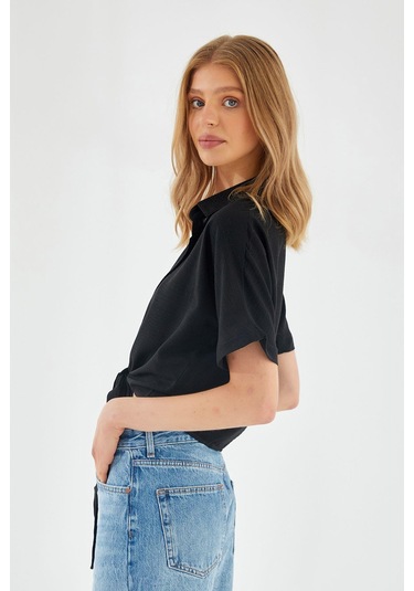 4230 Kadın Bağlamalı Yazlık Keten Gömlek Siyah Siyah