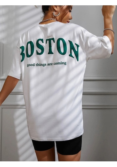 Kadın Beyaz Oversiz Boston Baskılı Örme T-shirt Beyaz-58930