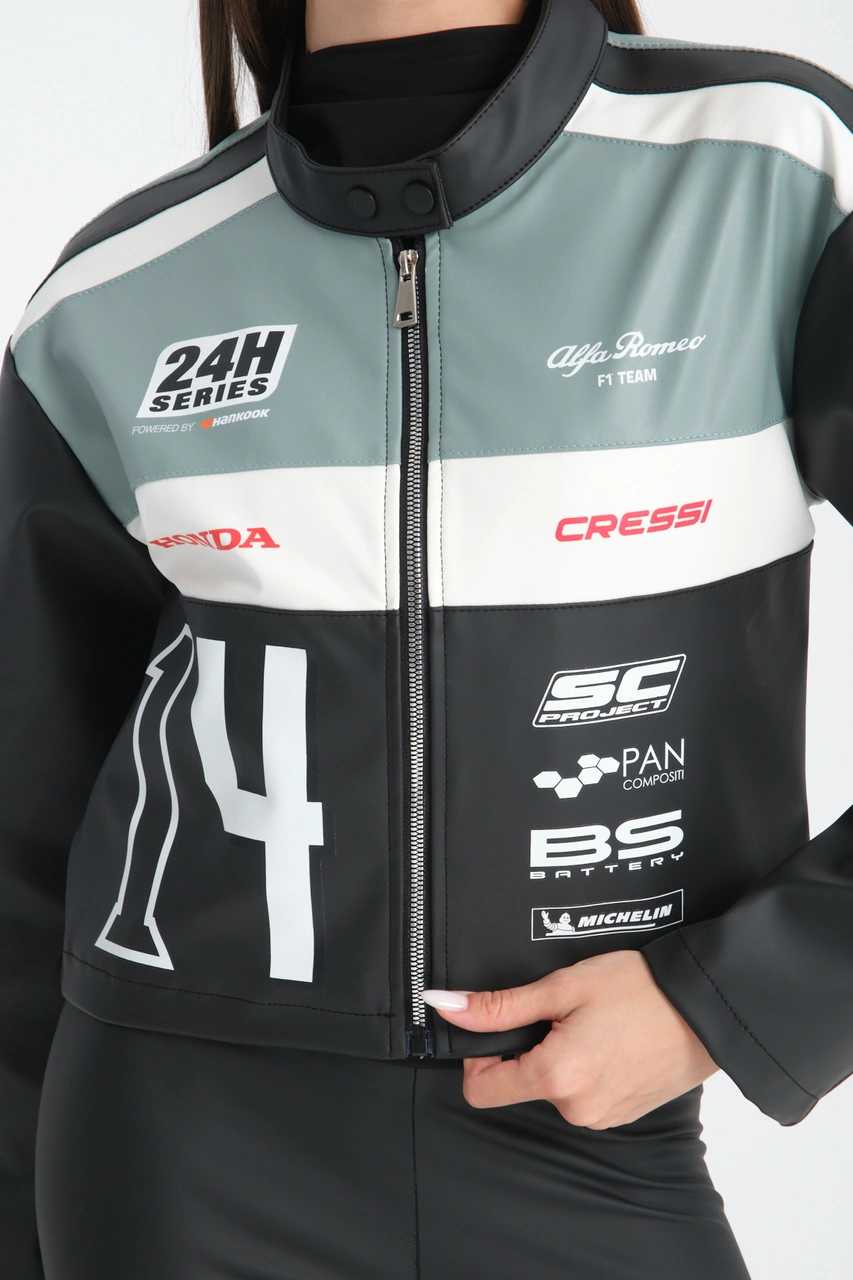 Kadın Oversize Baskılı Deri Şeritli Motorcu Montu Garnili Fermuarlı Yarışçı Ceketi Bomber Kolej Mont Mint Yeşili