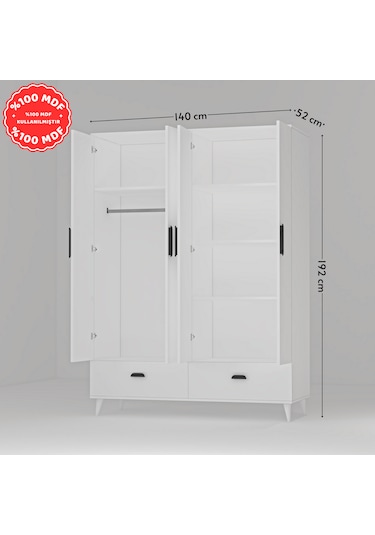 İnci 4 Kapaklı 2 Çekmeceli Gardırop Beyaz %100 Mdf