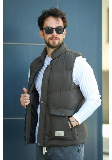 Octave Suya Dayanıklı Kapaklı Cepli Etiket Detaylı Dik Yaka Erkek Şişme Yelek Haki